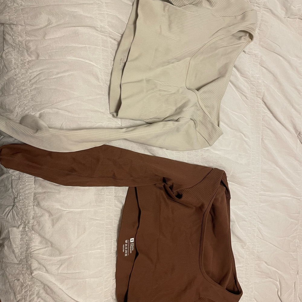 Ribbed Long Sleeve Crop Tops in Cream and Brown